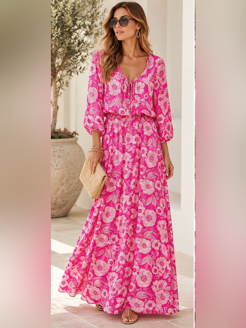 Juicy Couture Floral Tie-Front Maxi Dress - Hot Pink